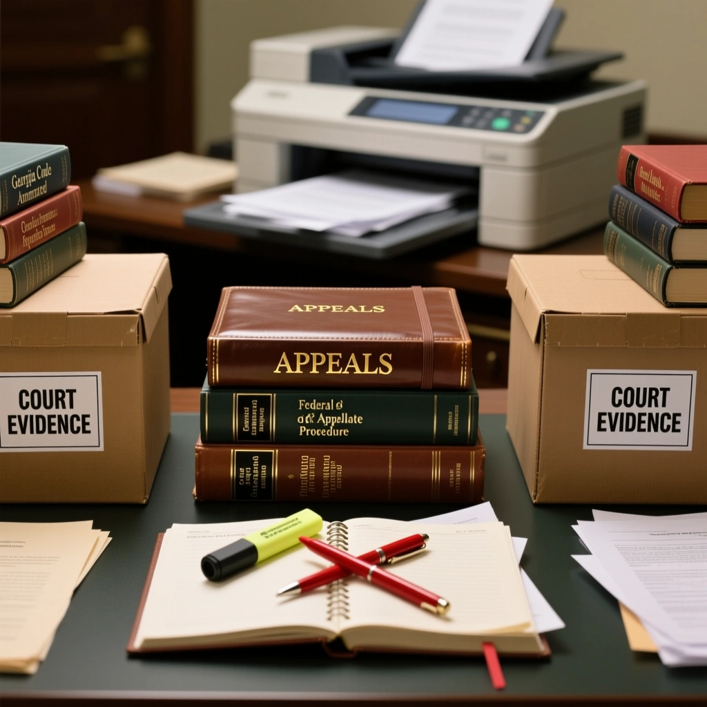 Legal office with law books and evidence boxes